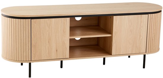 Tv-meubel met ribbeldeuren, open vakken en zwarte pootjes.
