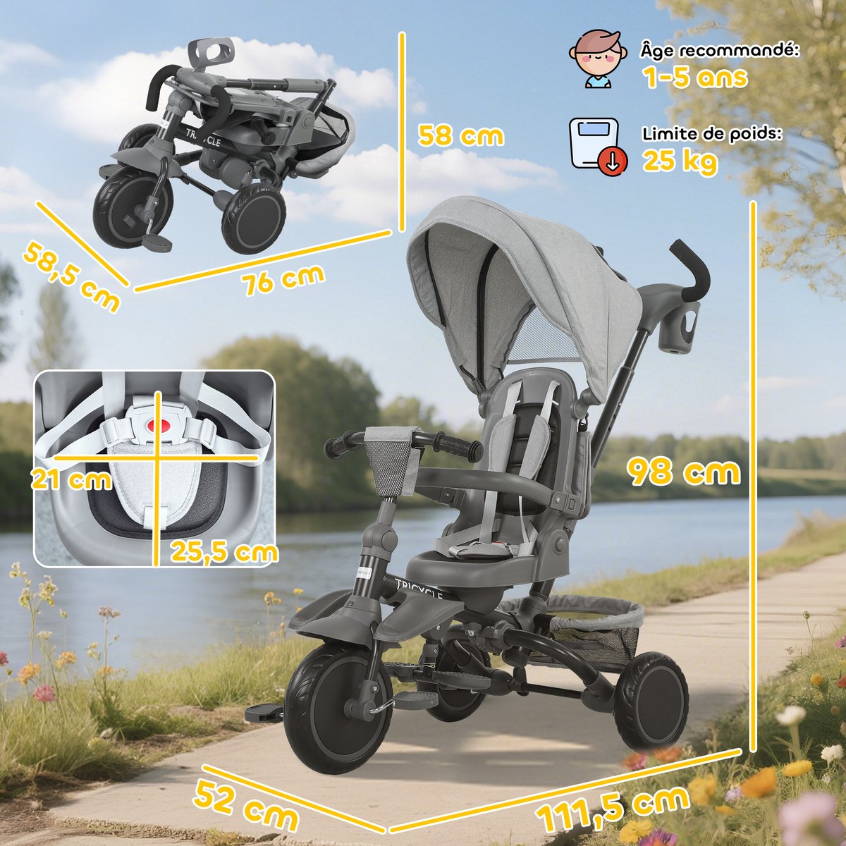 ECTEATOY® Driewieler 6-in-1 - Opvouwbare Kinderdriewieler met Verstelbare Duwstang - 360° Draaibaar Stoeltje - Grijs
