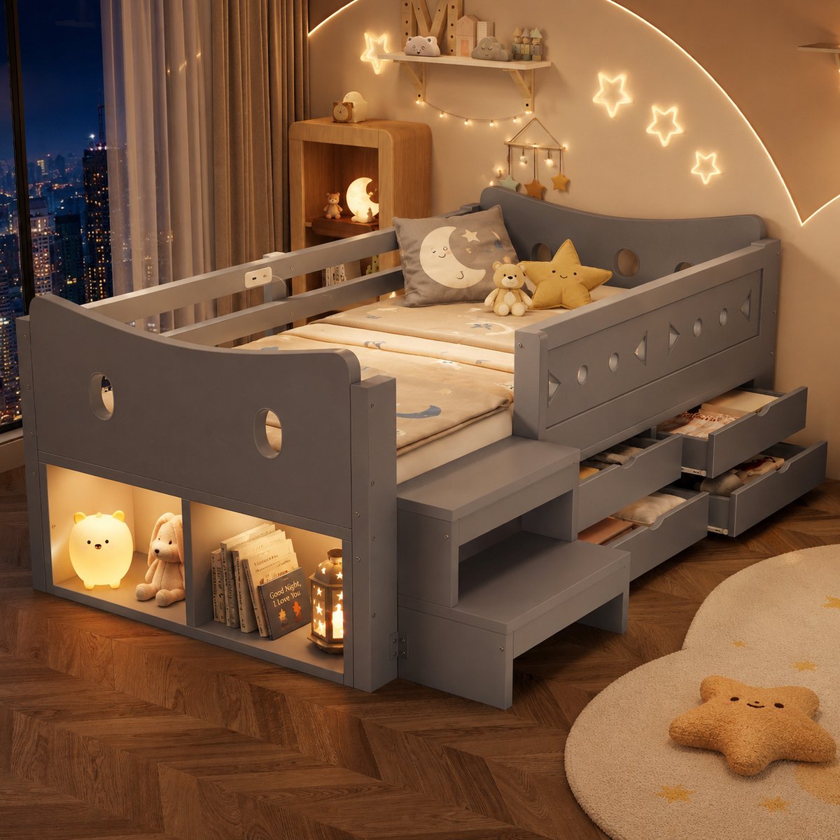 Welltin Kinderbed 90x200 cm - Eenpersoonsbed - Opbergbed - Multifunctioneel bed - Met hoofdbord - Met opbergvak - Met lades - LED-lichtstrips - Met vangrails - Met USB-oplaadpoort en Type-C - Stevig en veilig - Grijs