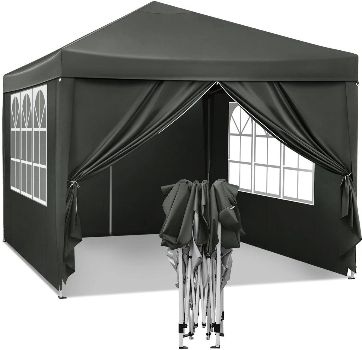 Klarven® Partytent Antraciet - Waterdicht en UV-bestendig, Met oprolbare zijwanden en 2 ritsdeuren, Snel opgebouwd, Inclusief draagtas - 3x3 m, H verstelbaar 250-258 cm