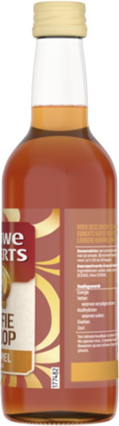 Zijkant van een fles Douwe Egberts Karamel Koffiesiroop met het logo en karamel smaak.