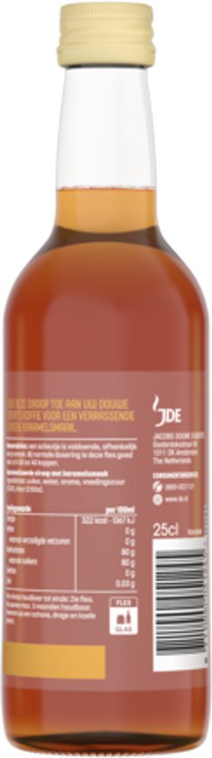 Achterkant van een fles Douwe Egberts Karamel Koffiesiroop met voedingswaarde-informatie.