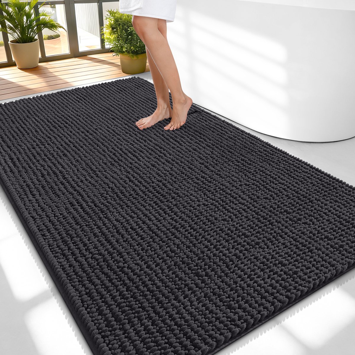 Olanly Badmat Antislip – Chenille Douchemat – Badmat Badkamer – Super Absorberend Deuropmat – Diepgrijs – 89X150cm