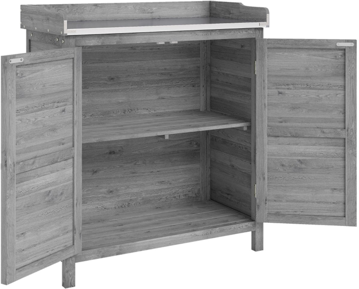 Vrijstaande tuinkast - 2-in-1 Overpot tafel met dubbele deur - planken - gegalvaniseerd metaal lade - grijs