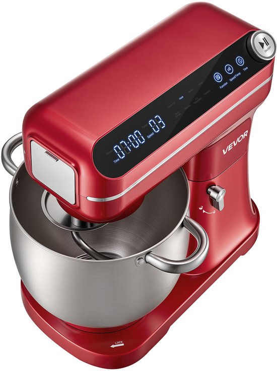 VEVOR Multifunctionele Keukenmachine met Kantelbare Kop 7 liter 2-in-1 1000 W Rood, Mixer voor Deeg, Room, Beslag en Vlees, Kneedmachine met Mengkom, Deeghaak, Klopper en Garde van Vevor — afbeelding 2
