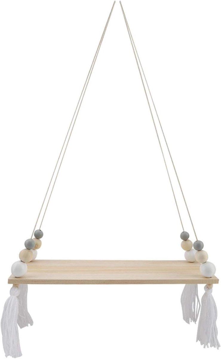 Decoratieve Wandplank met Ronde Kralen en Touw voor Muurdecoratie, Opbergruimte en DIY Projecten (Wit + Grijs)