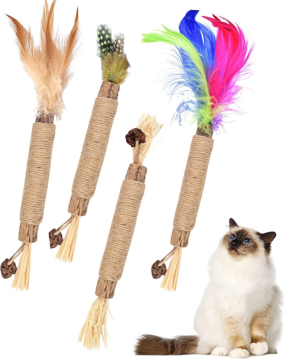 Voerpuzzel voor kat - Gekleurd - 4 stuks - Natuurlijke Matatabi Kauwstokjes - Voor Tandverzorging en Speelplezier