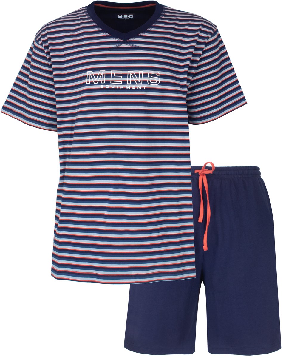 MEQ Heren Shortama - Gestreept - V-hals - Korte Mouwen - Blauw - Maat S