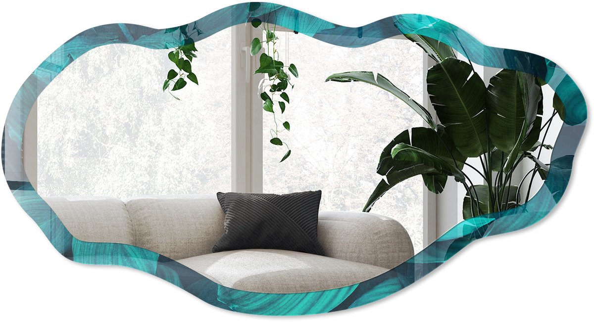 Wallfluent Turkooizen Bladeren Spiegel - Turkoois Rechthoekige Spiegel Voor Interieur - Organische Spiegel - Slaapkamer, Woonkamer, Kantoor - Modern - 45x90 cm - Totale afmeting 52x97 cm