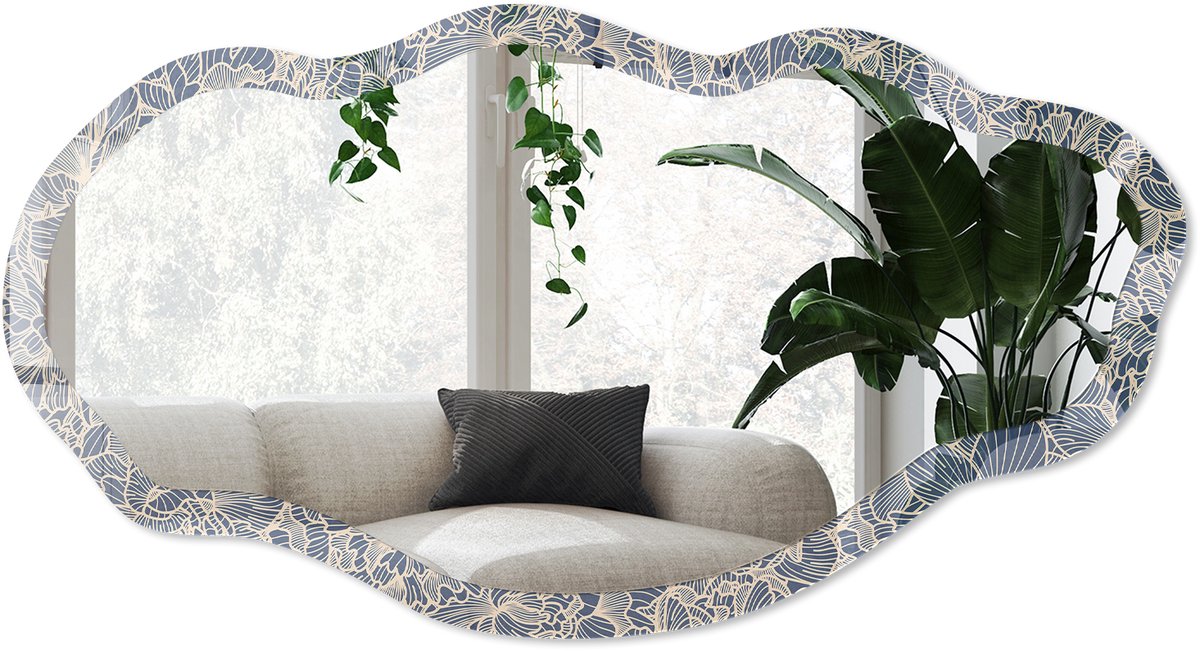 Wallfluent Bloemenornament Spiegel - Blauw Moderne Rechthoekige Wandspiegel - Organische Spiegel - Slaapkamer, Woonkamer, Kantoor - Modern - 45x90 cm - Totale afmeting 52x97 cm