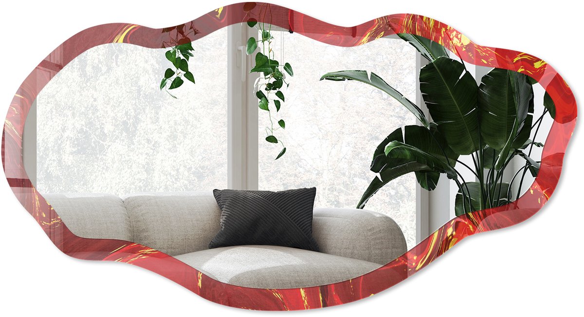Wallfluent Rode Abstractie Spiegel - Rood Stijlvolle Wandspiegel - Organische Spiegel - Woonkamer, Kantoor, Slaapkamer - Abstract - 45x90 cm - Totale afmeting 52x97 cm