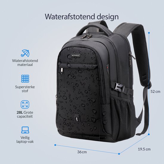 Zwarte waterafstotende rugzak met afmetingen 36x19.5x52 cm. Iconen tonen waterdruppels, stof, 28L capaciteit en laptopvak. Tekst 'Waterafstotend design'.
