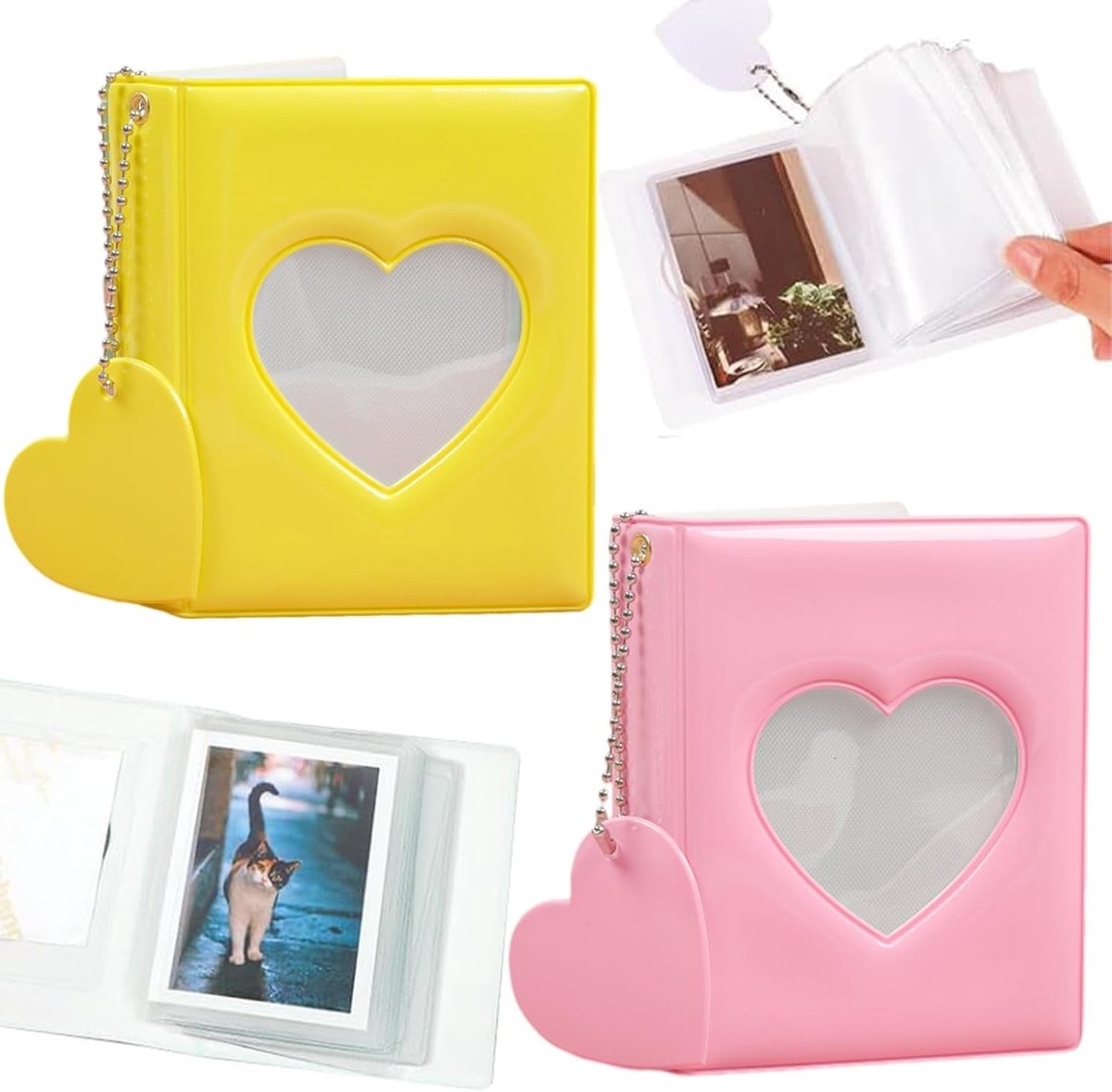 Mini Fotoalbum 7cm voor Foto- en ID-kaarten in Hartvorm - 2 Stuks, Ideaal voor Opslag van Herinneringen, Foto's en Kaarten (Roze, Geel)