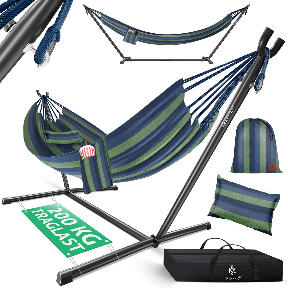 Famanu – Hangmat met frame voor 2 personen, stabiel en XXL, 200 kg belastbaarheid, geschikt voor binnen en buiten, tuin, zwembad, balkon, terras, blauw