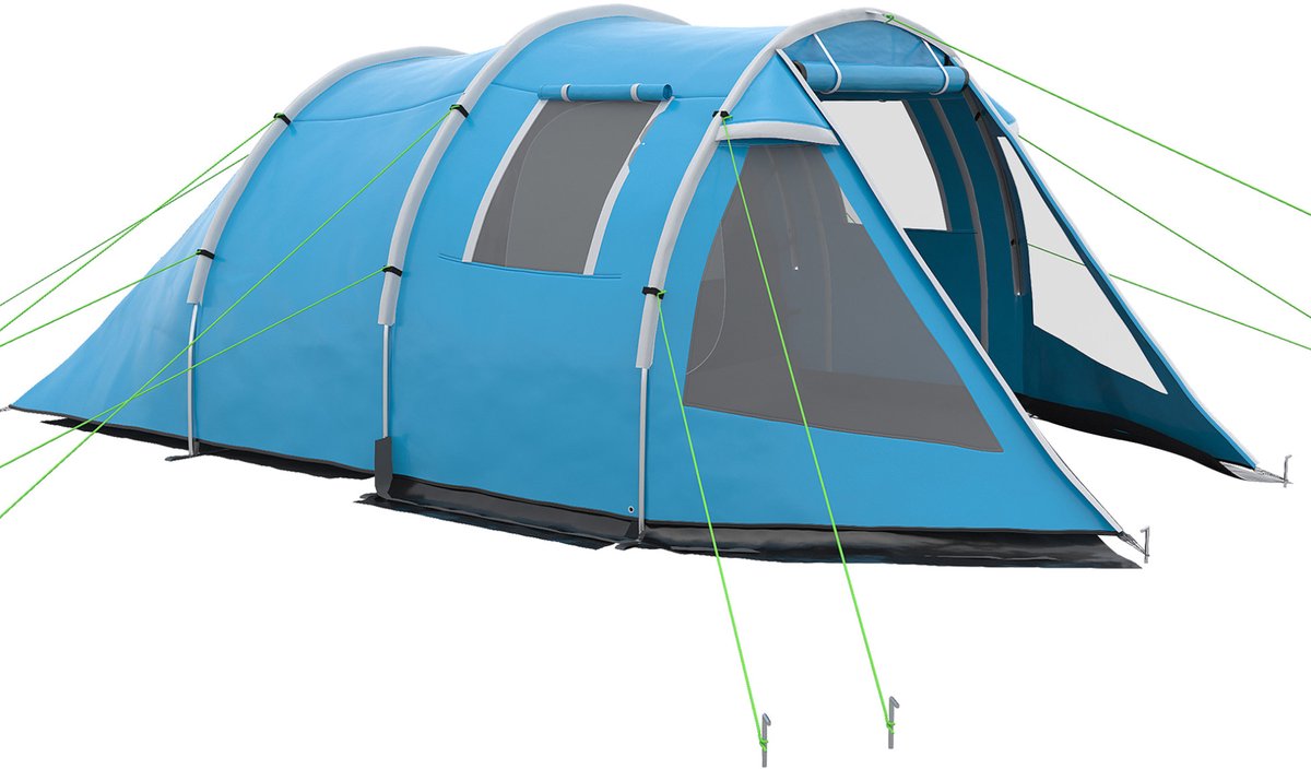 REDOM - Tunneltent - 2 ruimtes - 4-persoons - UV-bescherming - Waterkolom 2000 mm - Glasvezel stokken - Polyester - Blauw - 475 x 264 x 172 cm