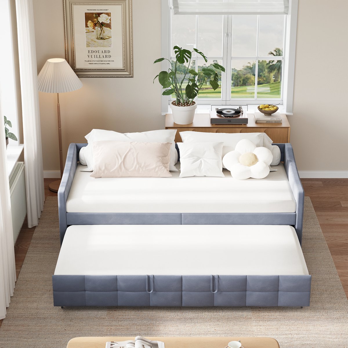 Slaapbank 90x200 cm, uitschuifbaar bed met opbergzak, 2-in-1 slaapbank voor woonkamer en thuiskantoor, ruimtebesparend, stof, grijs, zonder matras