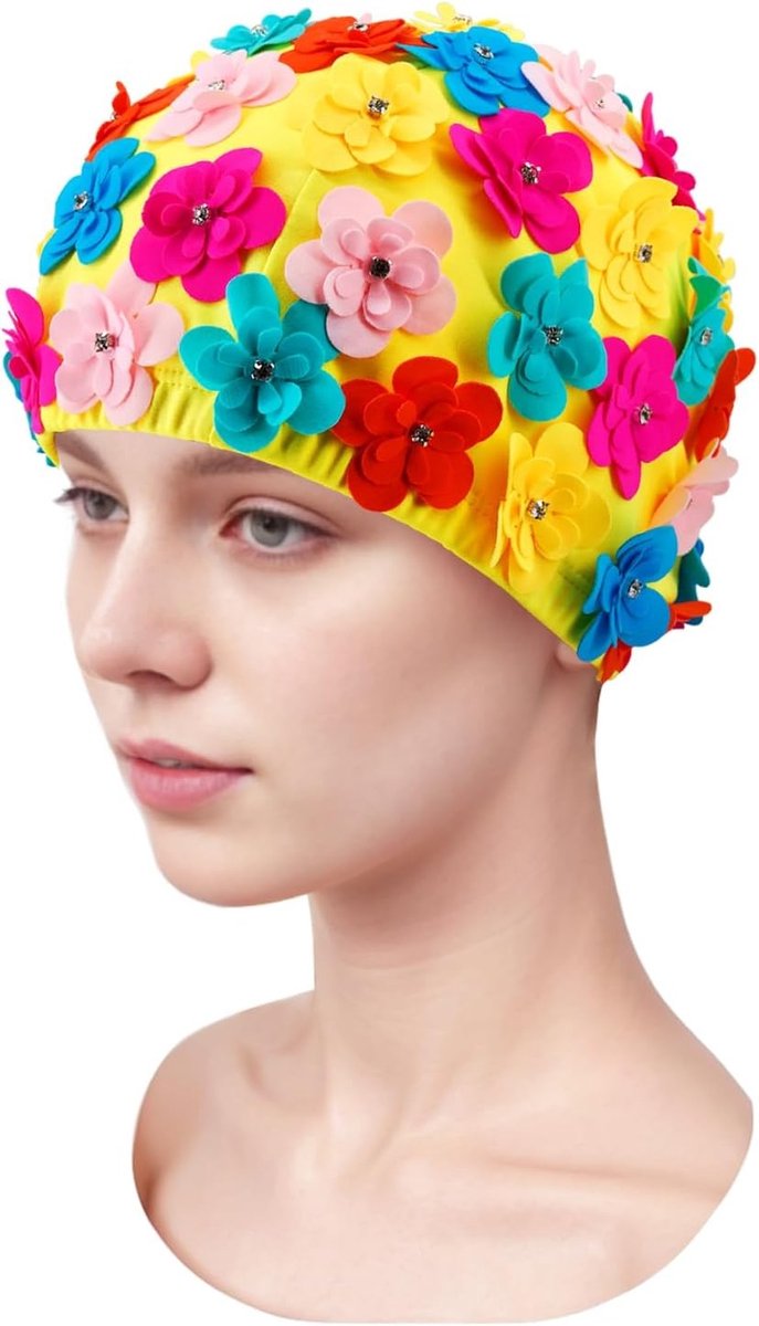 Retro Bloem Petal Zwemcap voor Vrouwen en Meisjes - Elastische Zwem Turban met Bloemen en Strass Accenten voor Zwemmen en Wateractiviteiten