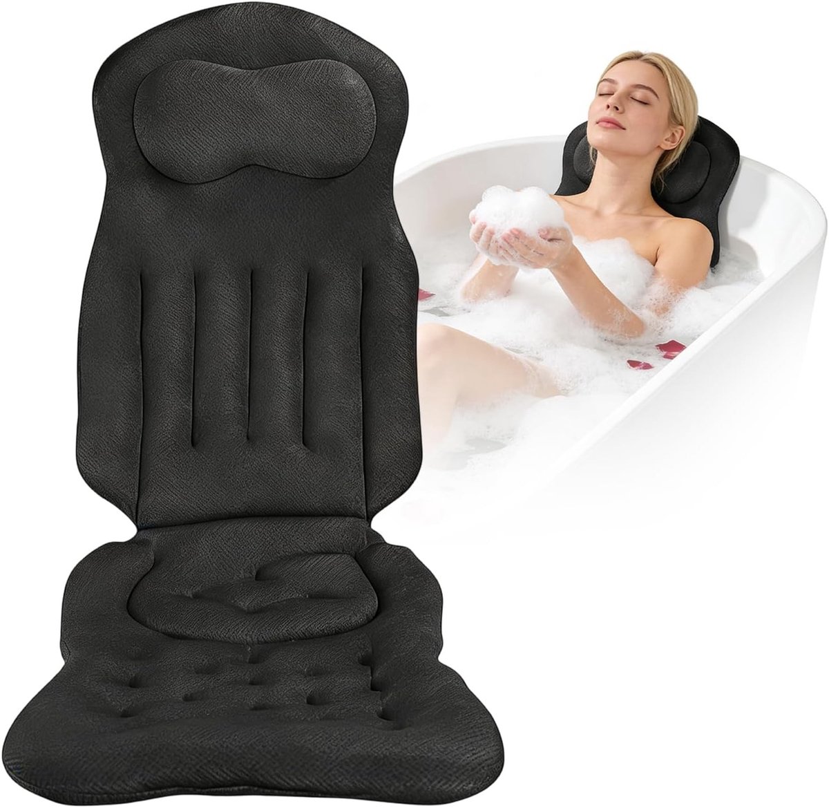Comfortabele Badkussen voor Volledig Lichaam, Dikke Hoofdkussen Badmat met Zuignappen en Ophanghaken voor Nek, Rug en Benen (Zwart)