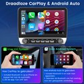Een autoradio met draadloze CarPlay en Android Auto. Toont de interfaces van iPhone en Android telefoon.