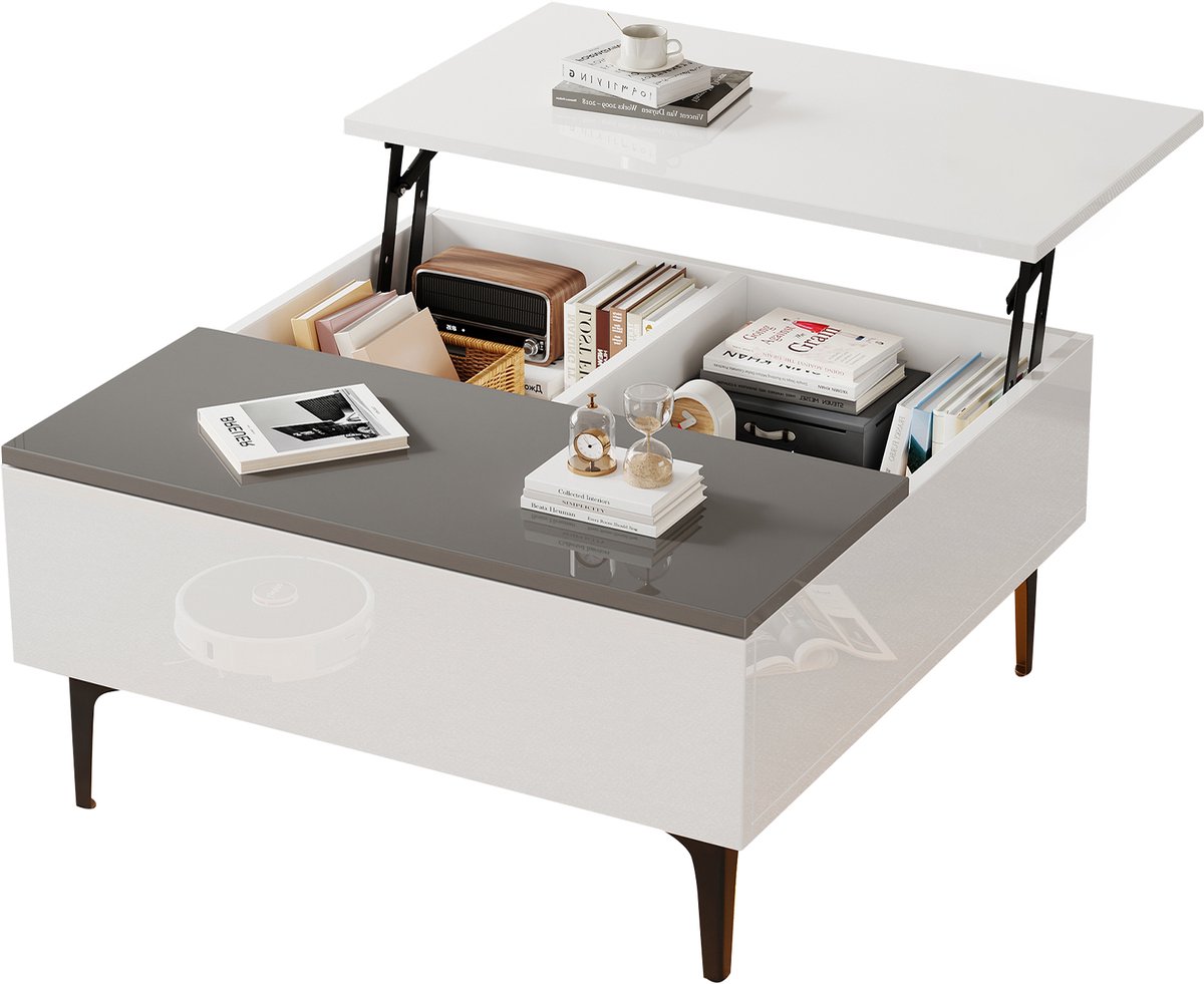 Ropilly Salontafel - Koffietafel - In Hoogte Verstelbaar - Met LED En Opbergruimte - 40kg Draagkracht - Voor Woonkamer - 70x70x35cm - Wit En Grijs