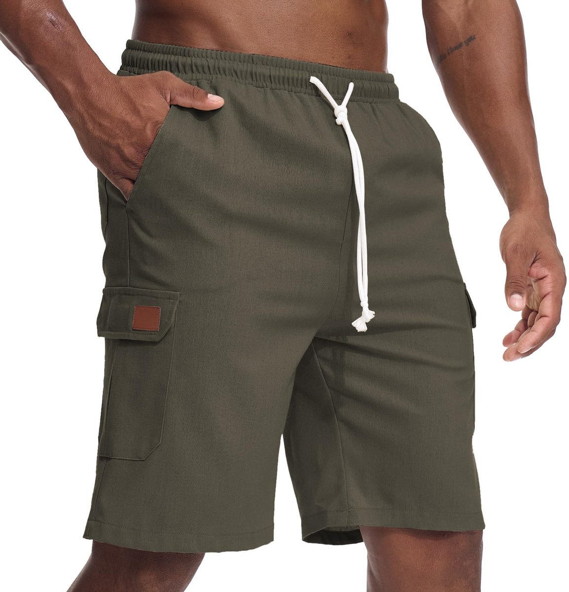 Zetieny Cargoshorts voor heren van linnen, casual, met trekkoord en zakken, Leger Groen, 3XL - ShopVlot