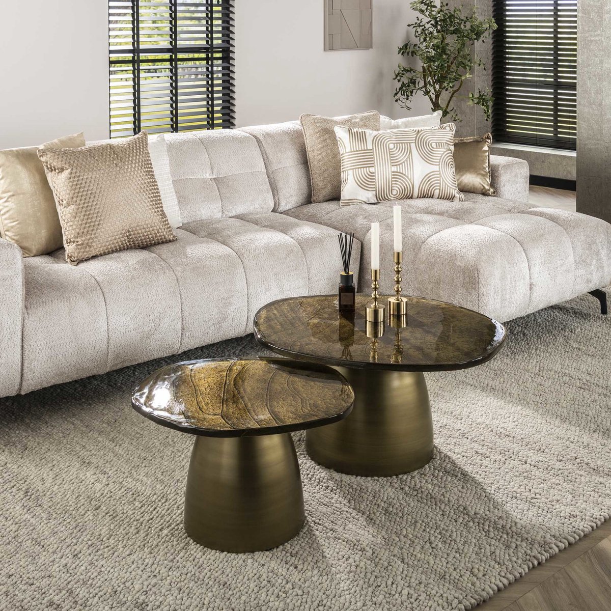 Giga Meubel Salontafel Eclipse - Goud Metaal/Glas - Set van 2 - 80x70x40cm
