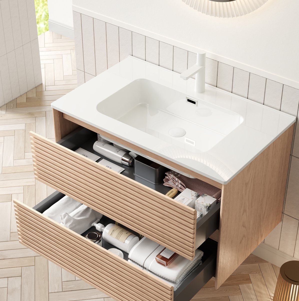 MIVRAY Badkamermeubel - Wandgemonteerd Met Keramische Wastafel En 2 Lades - Voor Badkamer - Hout En Wit - 81 Cm