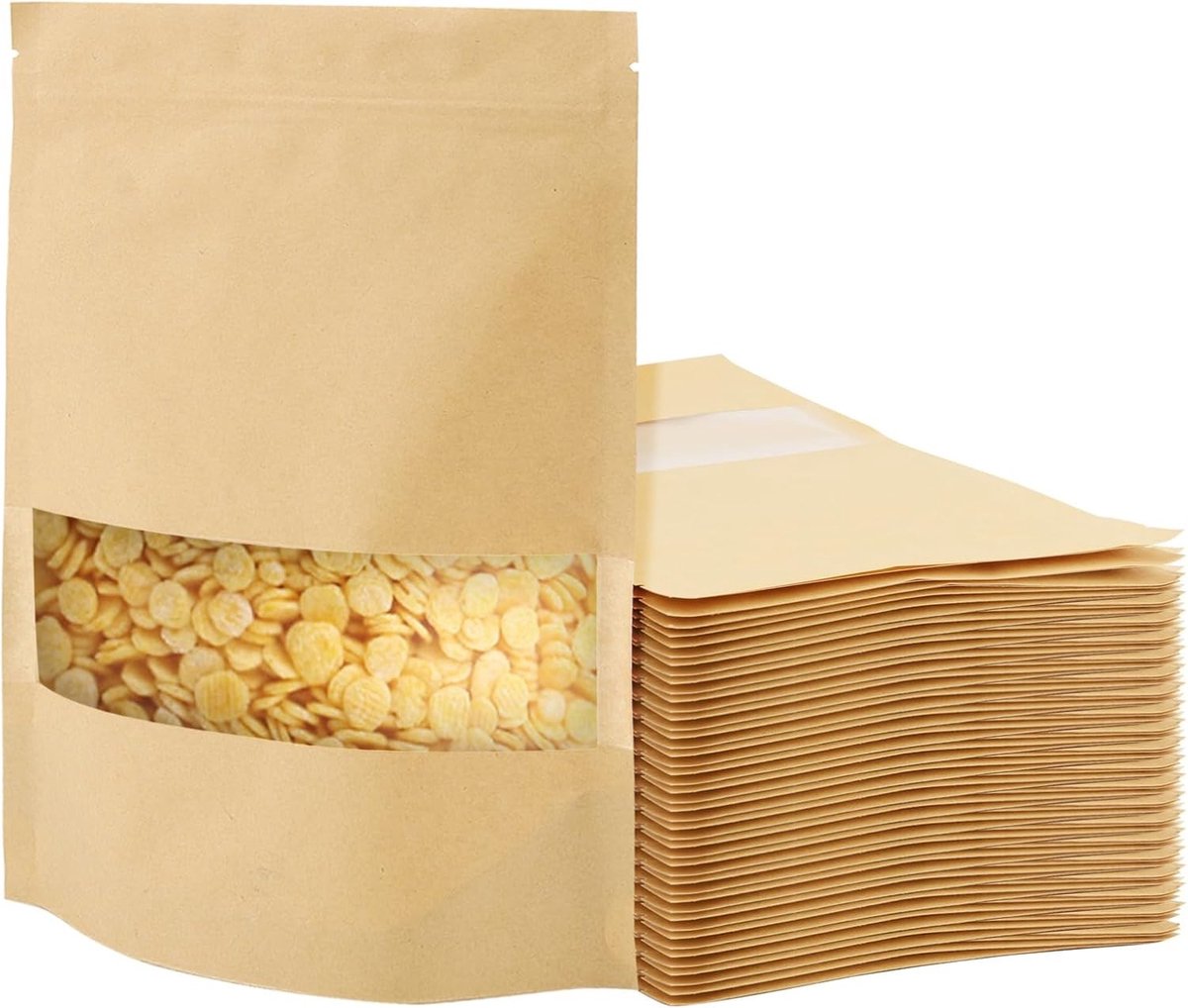 200PCS Kraft Stand Up Pouches 16 x 22 x 4cm, Bruine Zelfsluitende Ziplock Papieren Tassen met Venster voor Verpakking en Bewaring