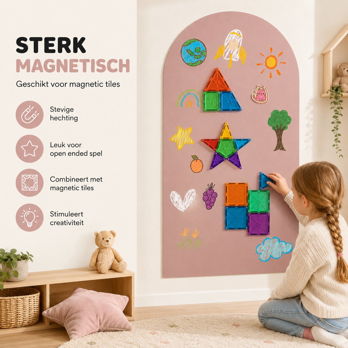 LiasToys Magnetische Muursticker met Krijtbordfunctie – 100 x 80 cm – Magneetbord Muurboog – Camel Pink — afbeelding 4