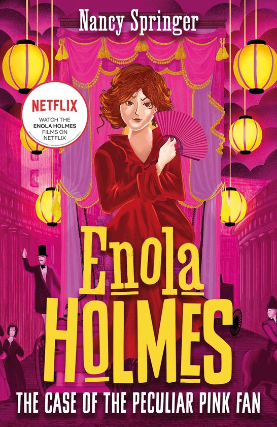 Boekcover van 'Enola Holmes: The Case of the Peculiar Pink Fan' met een vrouw in rode jurk die een waaier vasthoudt. De titel 'Enola Holmes' is groot weergegeven.
