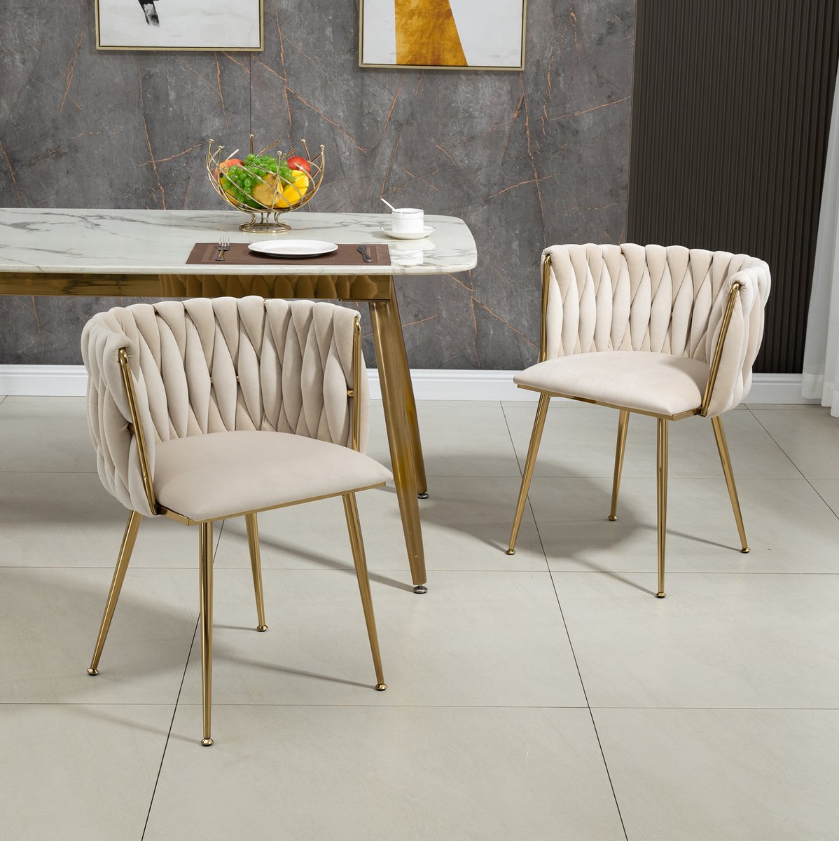 Wishdor Eetkamerstoel set van 2 - Kuipstoel met armleuningen en zachte velvet zitting - Modern design - Woonkamer eetkamer slaapkamer - Metaal - Ivoor - 55,5 x 41 x 74 cm