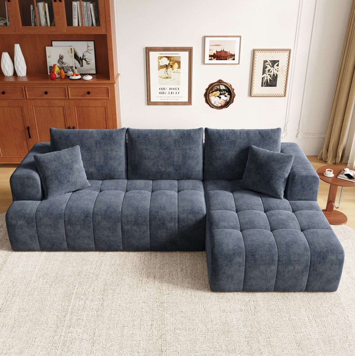 Wishdor Hoekbank - Modulair l-vormig - Chenille - Zonder montage - Bodemlaag design - Woonkamer appartement - 3-4 zitplaatsen 2 kussens - Blauw - 244,5 x 136 x 79 cm