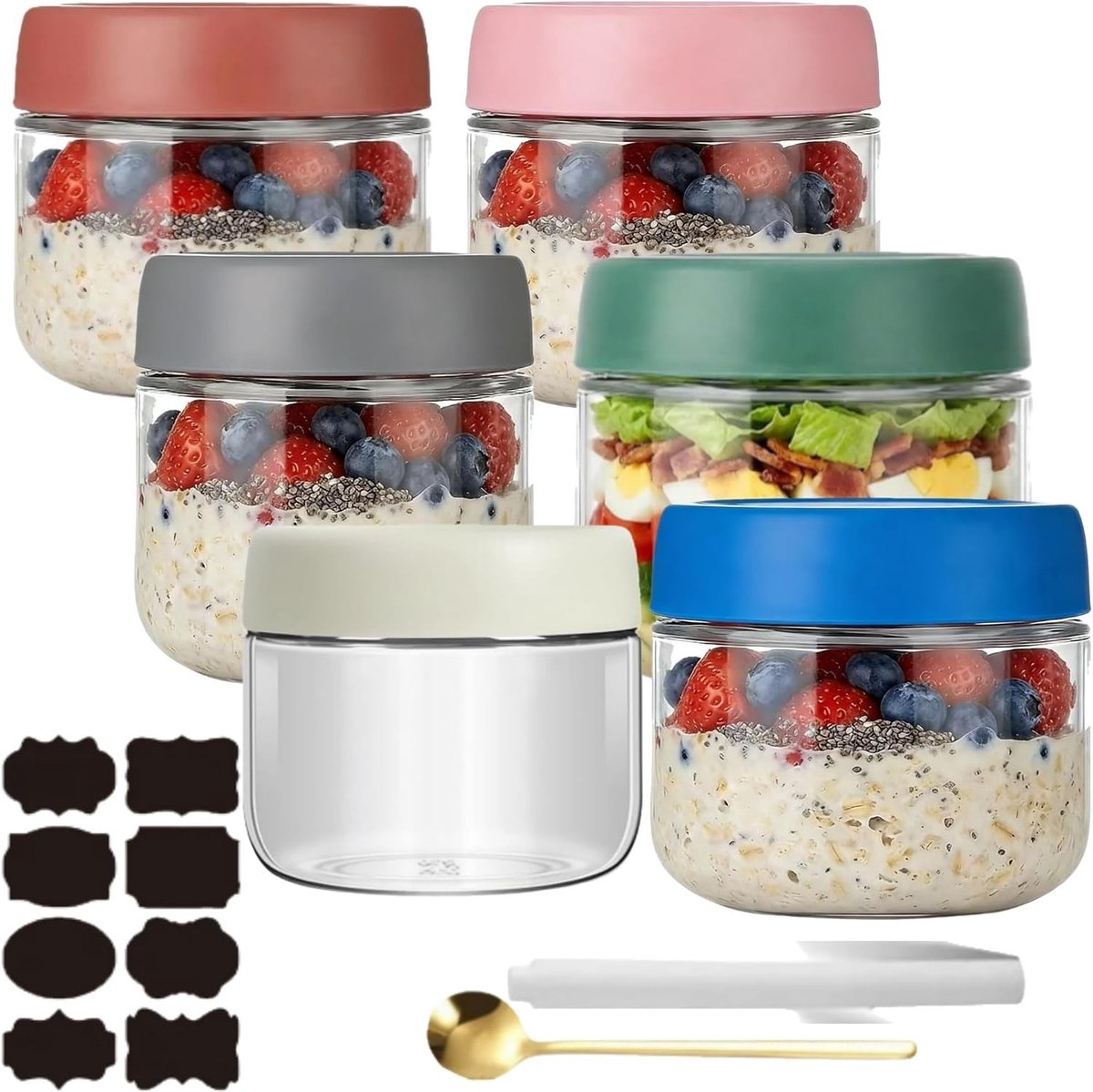 Overnight Oats Potten - Veelkleurig - 300 ml - Herbruikbare Weckpotten met Deksel - Voor Meal Prep en Zelfgemaakte Jam