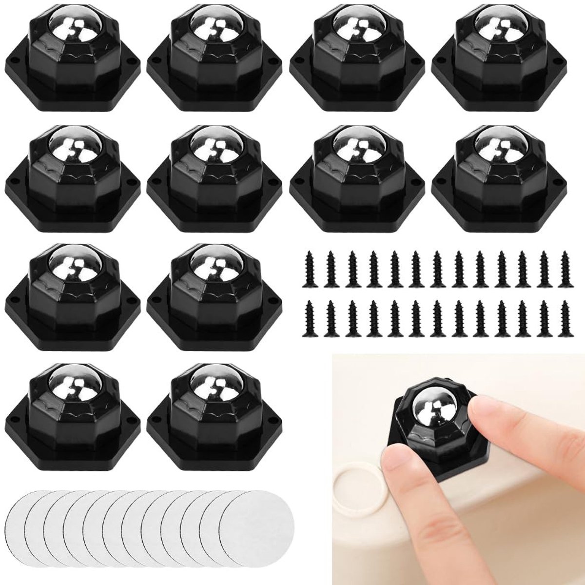 Set van 12 Zelfklevende Mini Wielen, Universele 360° Draaibare Kleine Plastic Rollen voor Meubels en Apparatuur (Zwart)