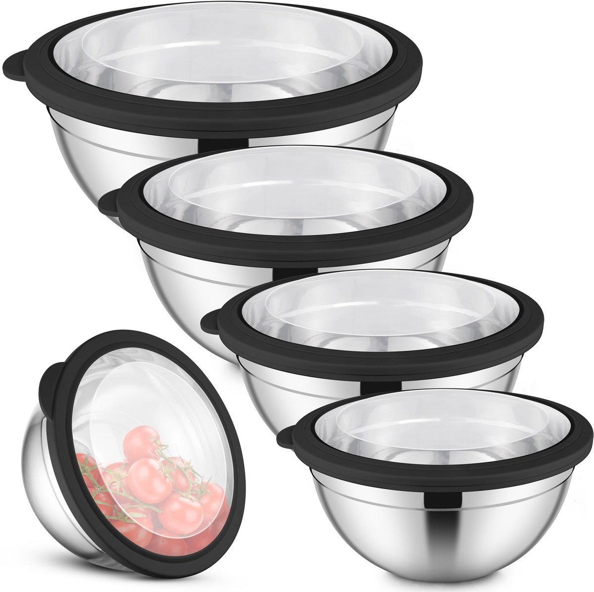 Famanu – Mengkommen set van 5 stuks, roestvrijstalen kommenset met transparante luchtdichte deksels, ideaal voor bakken en serveren, 4,5 l/2,7 l/1,5 l/1,2 l/0,7 l