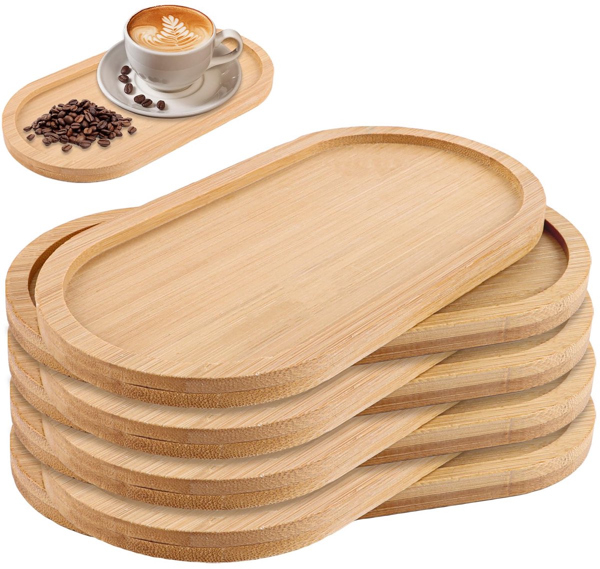 Famanu – Ovale bamboe dienbladen set van 8 stuks, 10 x 20 x 1 cm, houten serveerschaal voor cake, vakantiesnacks en koffie