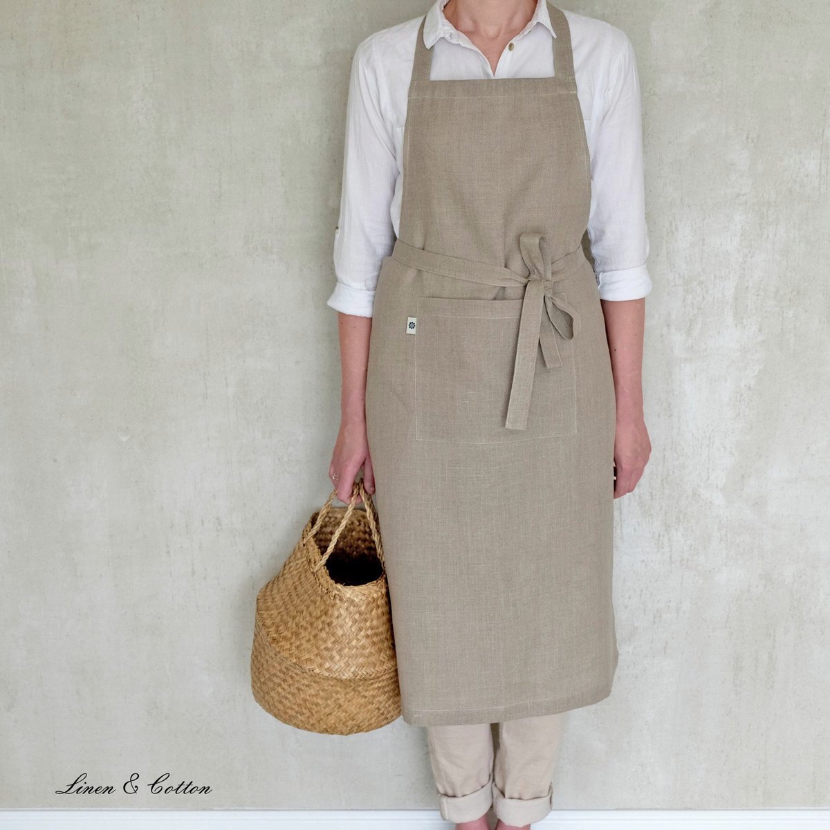 Linen & Cotton Schort Keuken Schort Dames Heren Vrouwen Mannen Kami – 100% Linnen, Beige Natuur (70 x 100 cm) Lang - ShopVlot