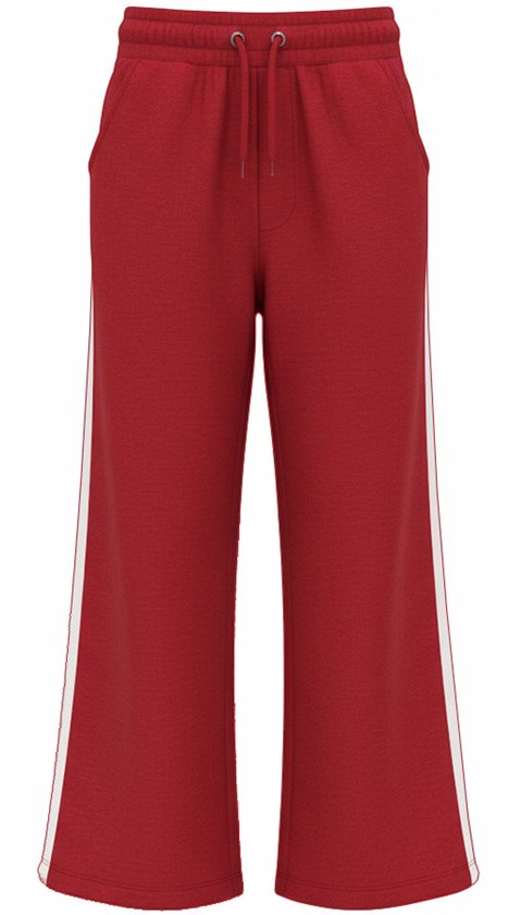 Wijd uitlopende broek in zonnegedroogde tomaatrode kleur met witte strepen aan de zijkanten en een trekkoord.