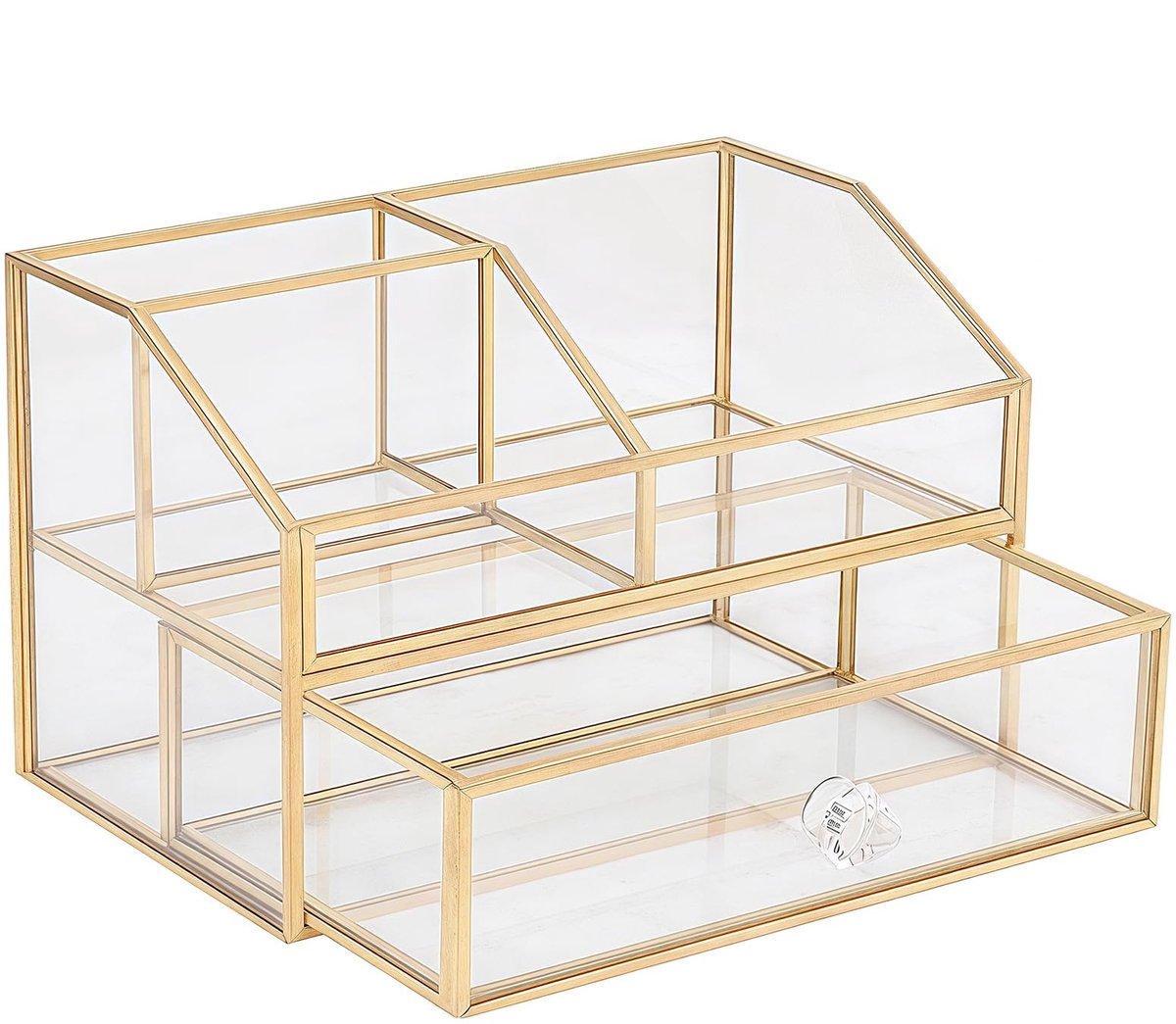 Famanu – Cosmetica-organizer met schuiflade, goudkleurig, vintage opbergbox van metaal en glas voor make-up