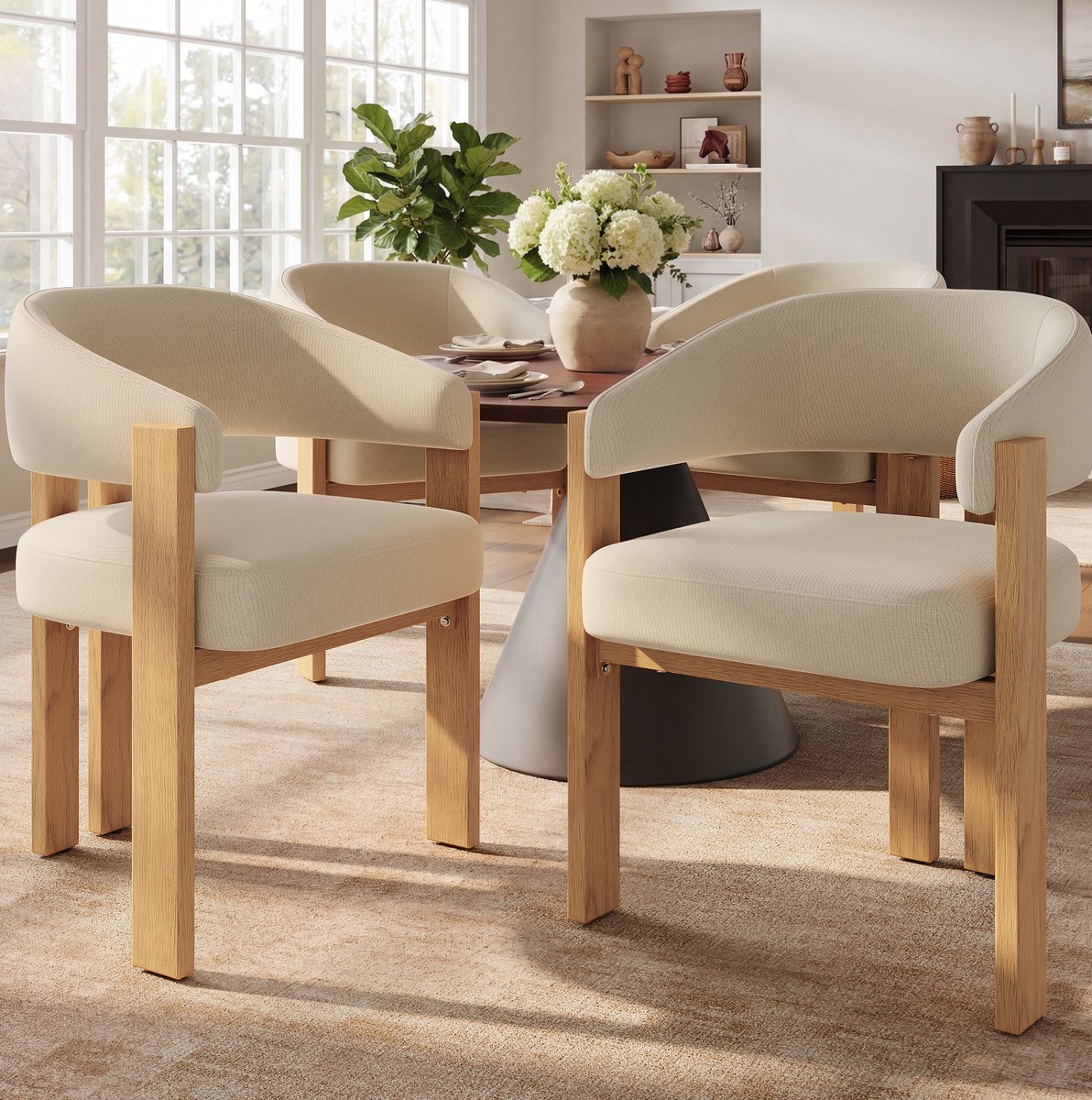 Wishdor Eetkamerstoel set van 4 - Ergonomisch met armleuning en dikke zitting - Metalen poten in houtlook - Beige - Voor eetkamer en woonkamer - 49 x 47 x 78 cm