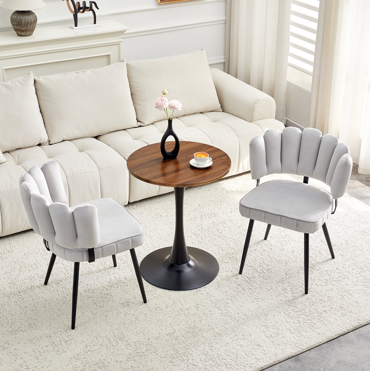 Wishdor Ronde eettafel set - 2 stoelen - 60 cm MDF tafelblad zwart onderstel - Modern lichtgrijs - Woonkamer eetkamer - Hout metaal - 60 x 60 x 72 cm