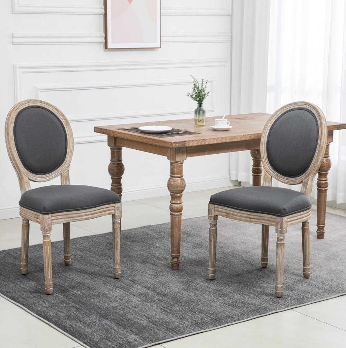 OKWISH Eetkamerstoel – Set Van 2 Met Rugleuning – Gestoffeerd In Linnenlook – Franse Landelijke Stijl – Houten Onderstel – Grijs