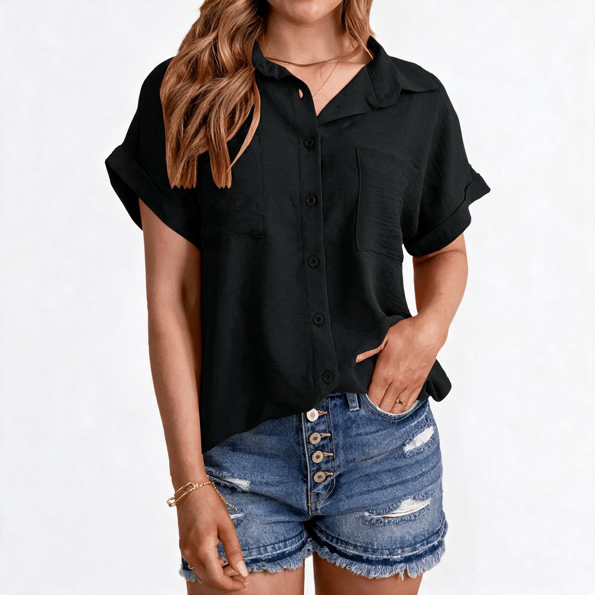Imily Bela Dames Blouse met Korte Mouwen, Kraag en Knopen