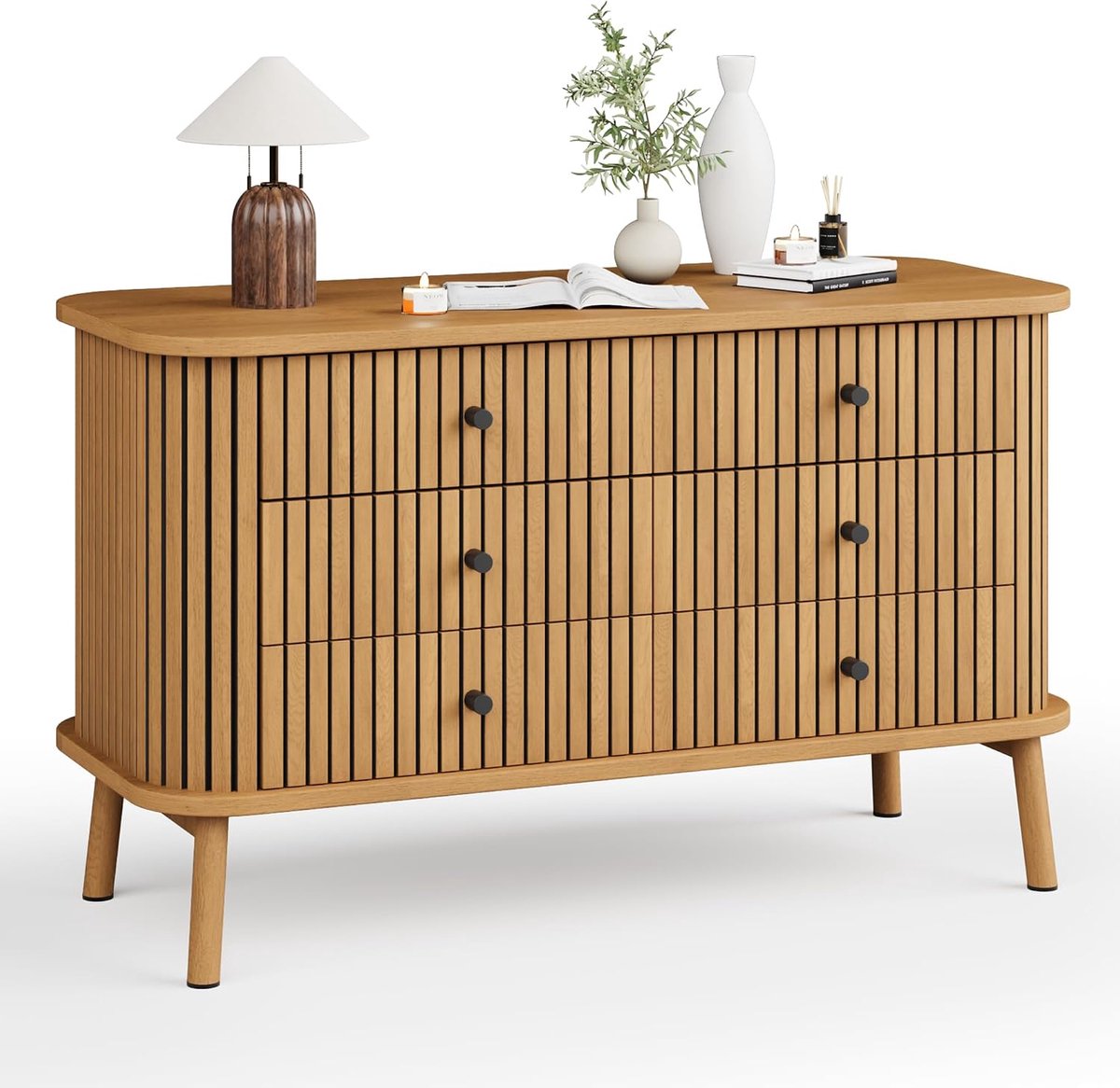 Commode met zes lades - Mid-century modern stijl - Zwarte handgrepen, houten poten, eikenfineer - Geschikt voor slaapkamer/hal/gang - Kleur: Wild Oak