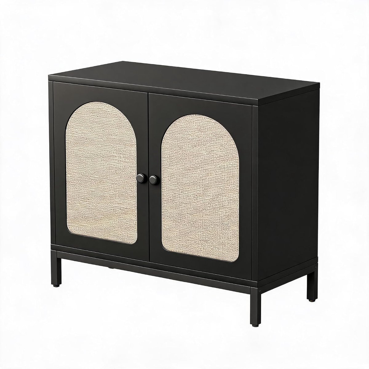 Commode met 2 compartimenten, 2 rotan deuren, dressoir, multifunctioneel bijzettafeltje, voor woonkamer, hal, zwart, 80 x 40 x 72 cm