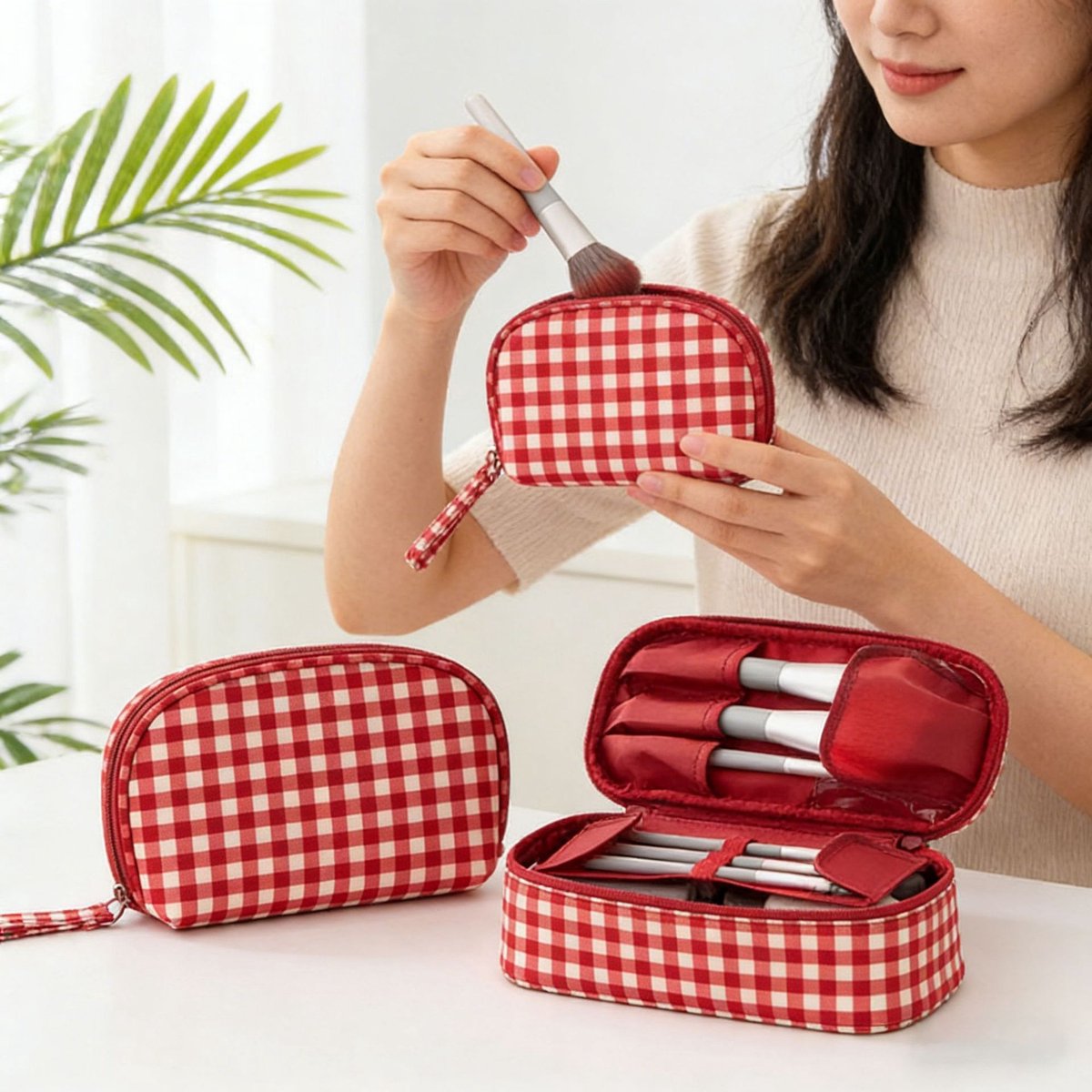 Retro Rood-Wit Geruite Cosmetica Tas Set, Vier Verschillende Maten Opbergzakken Met Binnenvakken Voor Make-up Kwasten, Reizen en Dagelijks Gebruik Compact Geruite Make-up Tas, Multimaten Cosmetica Opbergtas Met Kwastvakken"
