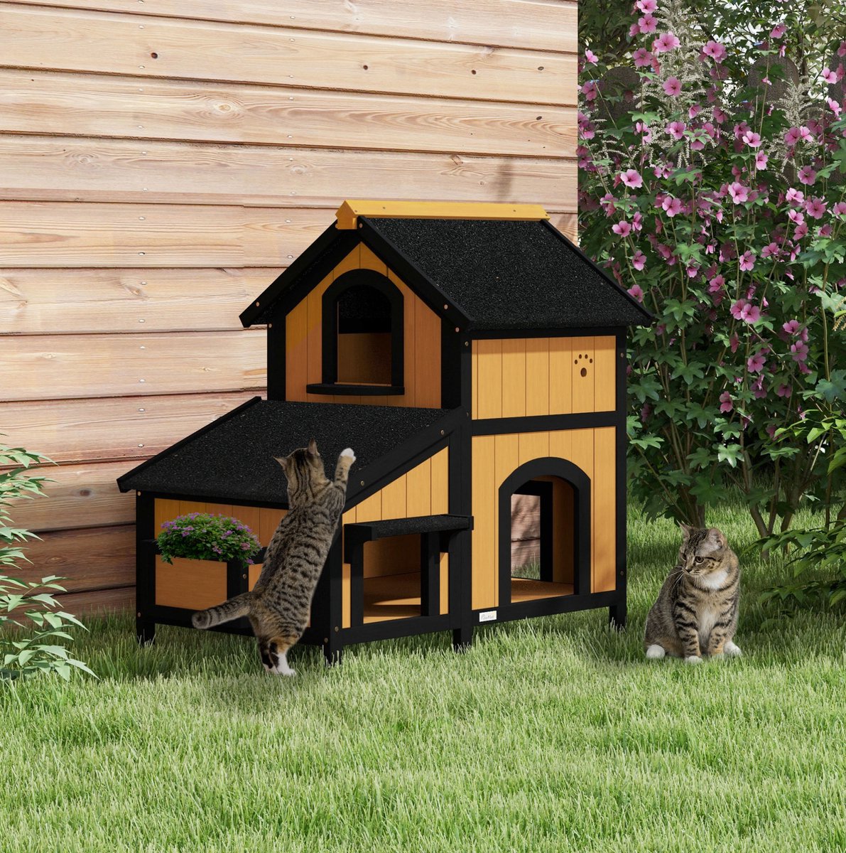 REDOM - Kattenhuis - 2 etages - meerdere ingangen - met bloemvak - outdoor - Hout - Geel - 96 x 65 x 85,5 cm