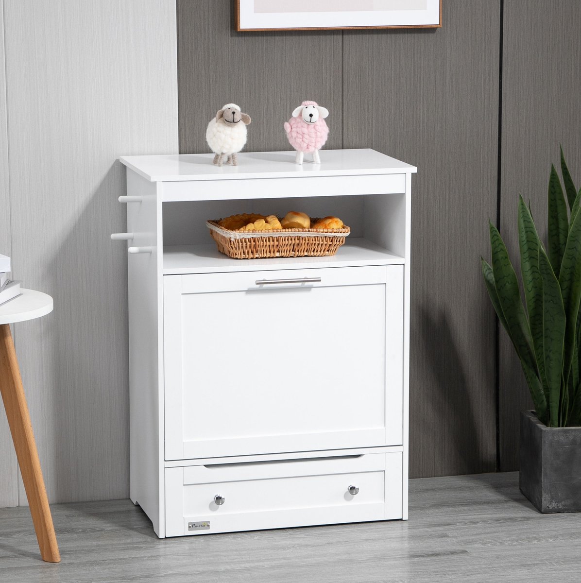 REDOM - Voederkast voor huisdieren - Uitneembare voedsellade met 2 roestvrijstalen kommen - Open vak en opbergkast met klepdeur - Dressoirstijl - Woonkamer - MDF - Wit - 61 x 35,5 x 82 cm
