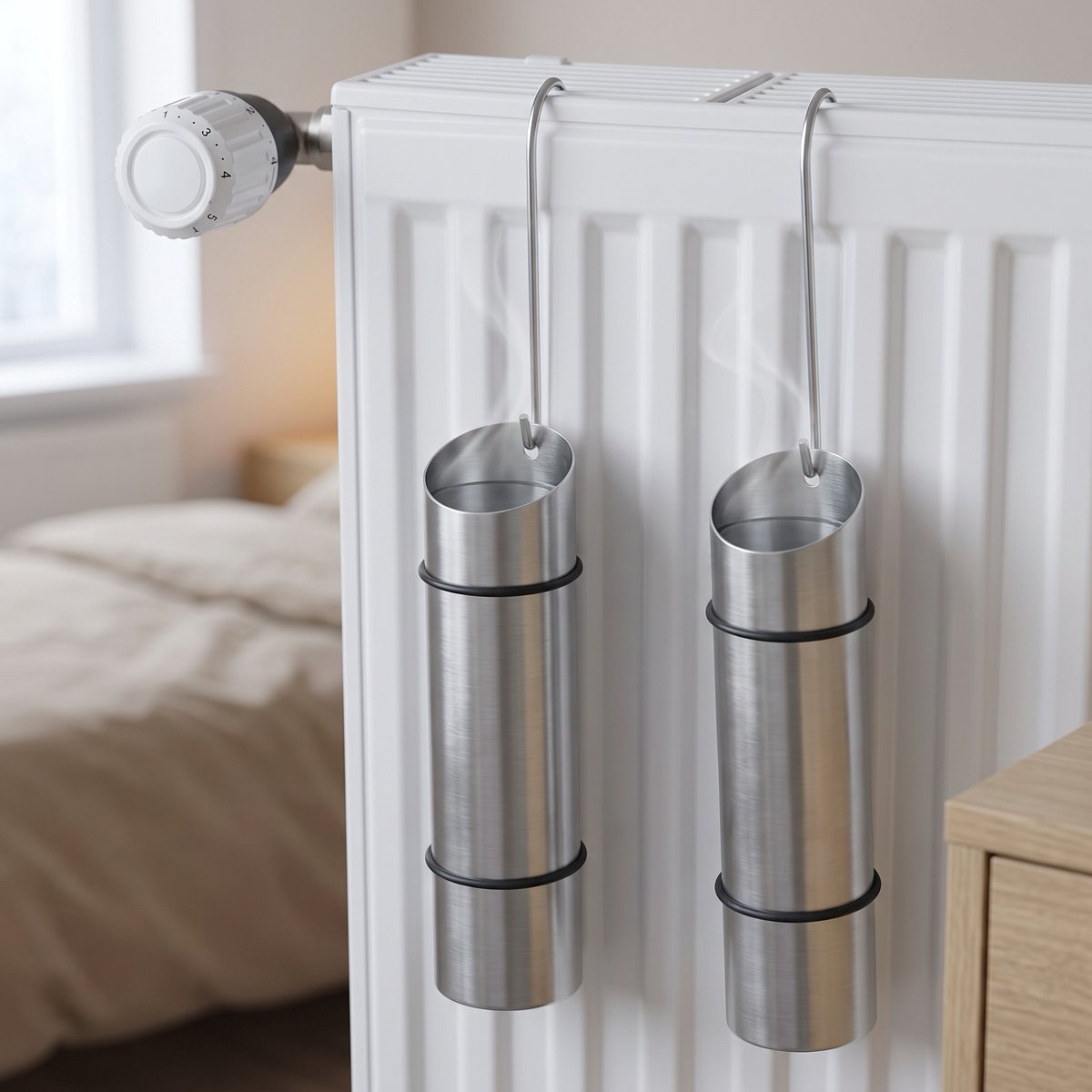 Cheqo® Radiator Waterverdamper Set van 2 - Luchtbevochtiger voor Radiator en Verwarming - RVS Verdampingsbakje met Ophanghaak - Verwarmingsbakje - Waterbakje voor Radiator - Luchtvochtigheid Verhogen - voor Woonkamer en Slaapkamer - Zilver