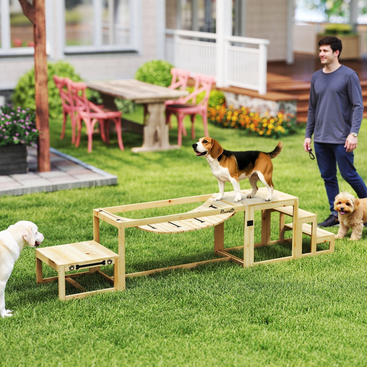 REDOM - Honden agility set - Balansbrug en loopplank met platform en trap - Voor middelgrote en grote honden - Vurenhout - Houtkleur - 120,5 x 55,5 x 13 cm